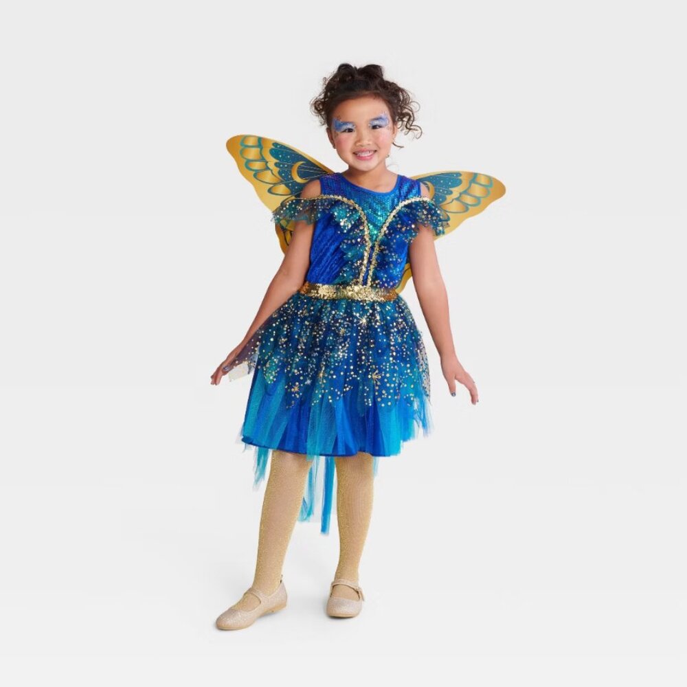 Moonlight Fairy Light Up Halloween Costume 10/12 Blue Gold Dress Wings Kids Girl
